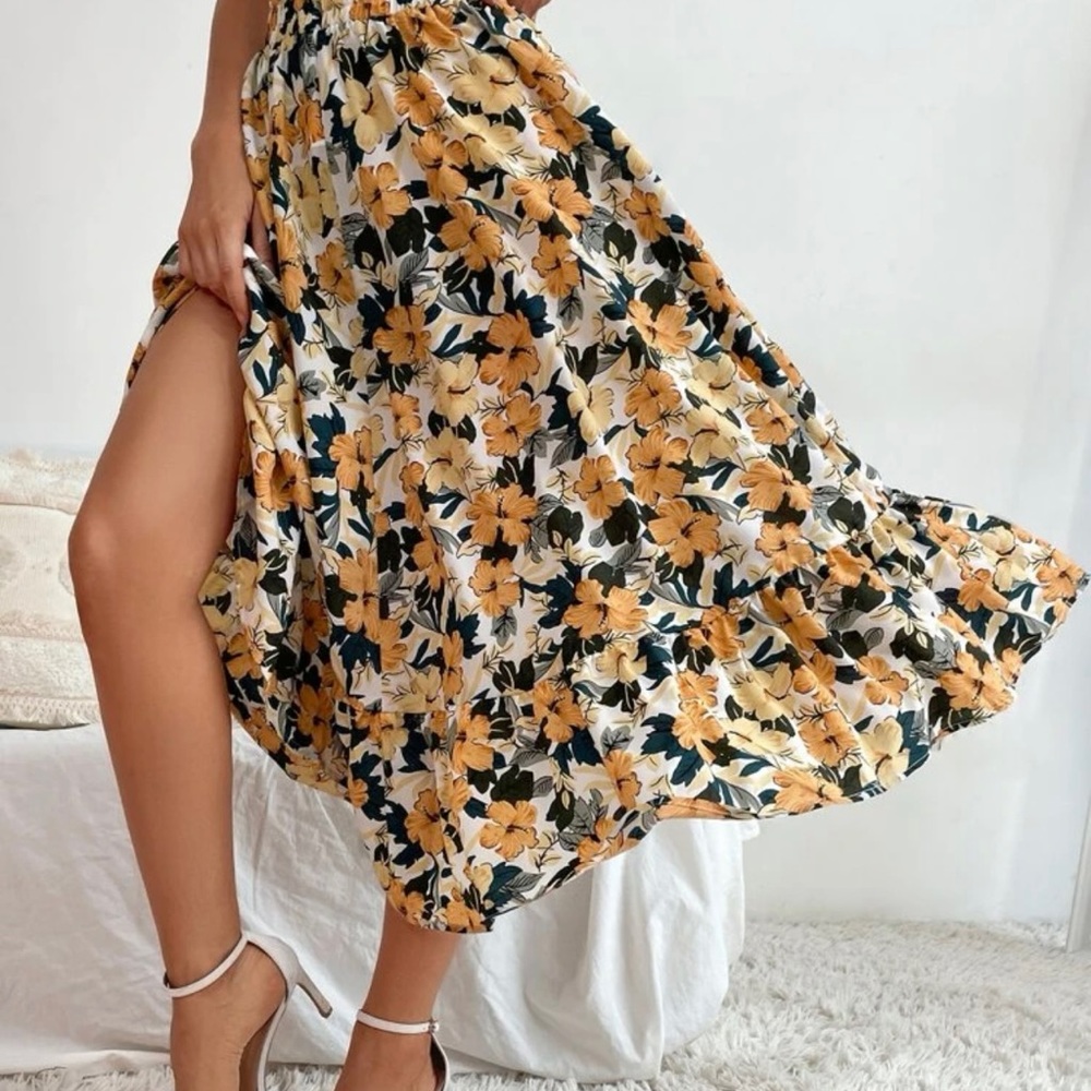 Yellow Allover Floral Midi Ruffle Hem Flare Skirt